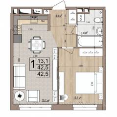ЖК «Гранд Комфорт», планировка 1-комнатной квартиры, 42.50 м²