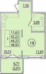 МЖК «Образцовый квартал 15», планировка 1-комнатной квартиры, 42.22 м²