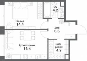 ЖК «Nagatino i-Land», планировка 1-комнатной квартиры, 46.50 м²