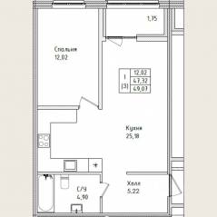 ЖК «Этала», планировка 1-комнатной квартиры, 49.07 м²
