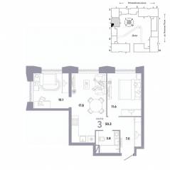 ЖК «Страна.Заречная», планировка 3-комнатной квартиры, 50.30 м²