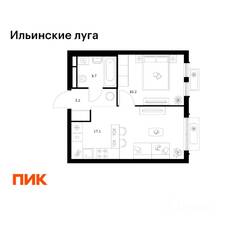 ЖК «Ильинские луга», планировка 1-комнатной квартиры, 34.20 м²