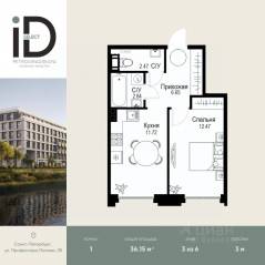 ЖК «ID Petrogradskaya», планировка 1-комнатной квартиры, 36.15 м²