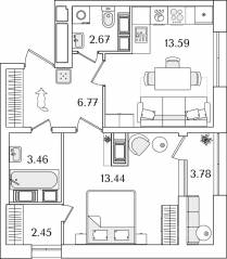 ЖК «БелАрт», планировка 1-комнатной квартиры, 44.27 м²