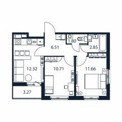 ЖК «Полис ЛАВрики», планировка 2-комнатной квартиры, 44.90 м²