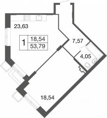 ЖК «Времена года», планировка 1-комнатной квартиры, 53.79 м²