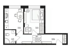 МЖК «Верево-Сити», планировка 1-комнатной квартиры, 40.60 м²