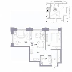 ЖК «Страна.Заречная», планировка 3-комнатной квартиры, 51.30 м²