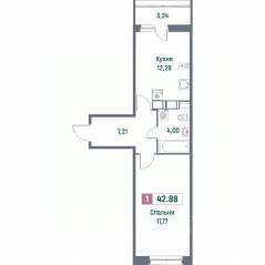 ЖК «Фотограф», планировка 1-комнатной квартиры, 42.88 м²