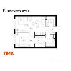 ЖК «Ильинские луга», планировка 1-комнатной квартиры, 36.91 м²