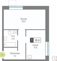 ЖК «Лесная Отрада», планировка 1-комнатной квартиры, 38.80 м²