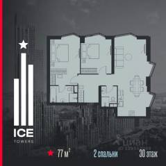 ЖК «ICE Towers», планировка 2-комнатной квартиры, 77.00 м²