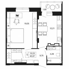 ЖК «Времена года», планировка 1-комнатной квартиры, 46.87 м²
