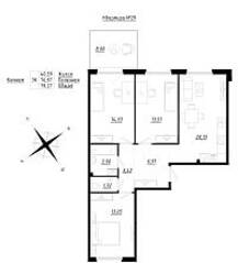 МЖК «Счастье 2.0», планировка 3-комнатной квартиры, 79.27 м²