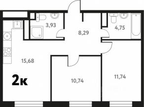 ЖК «Южное Пушкино», планировка 2-комнатной квартиры, 55.29 м²