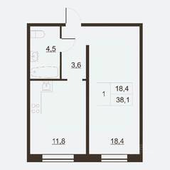 ЖК «Дом на набережной», планировка 1-комнатной квартиры, 39.00 м²