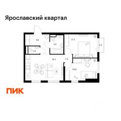ЖК «Ярославский квартал», планировка 2-комнатной квартиры, 51.30 м²