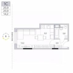 ЖК «Пироговская Ривьера», планировка студии, 25.90 м²