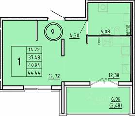 МЖК «Образцовый квартал 16», планировка 1-комнатной квартиры, 37.48 м²