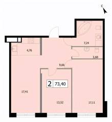 ЖК «Self», планировка 2-комнатной квартиры, 73.40 м²