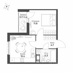ЖК «Клюква.Парк», планировка 1-комнатной квартиры, 34.60 м²