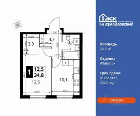 ЖК «1-й Измайловский», планировка 1-комнатной квартиры, 34.80 м²
