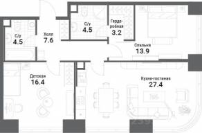 ЖК «Nagatino i-Land», планировка 2-комнатной квартиры, 77.50 м²