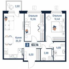 ЖК «Максималист», планировка 2-комнатной квартиры, 63.14 м²