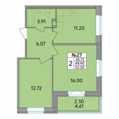 ЖК «Рождественский квартал», планировка 2-комнатной квартиры, 52.20 м²