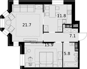 ЖК «Театральный квартал», планировка 2-комнатной квартиры, 62.00 м²