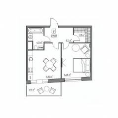 Апарт-комплекс «Residence 15», планировка 2-комнатной квартиры, 49.01 м²