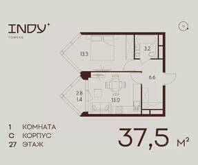 ЖК «Indy Towers», планировка 1-комнатной квартиры, 37.50 м²