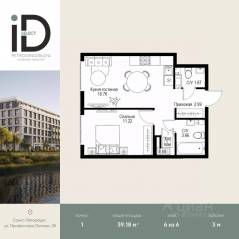 ЖК «ID Petrogradskaya», планировка 1-комнатной квартиры, 39.18 м²