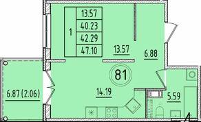 МЖК «Образцовый квартал 17», планировка 1-комнатной квартиры, 40.23 м²
