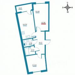 ЖК «Левитан», планировка 2-комнатной квартиры, 62.81 м²