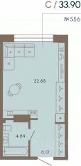 Апарт-комплекс «17/33 Петровский остров», планировка студии, 33.90 м²