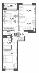 ЖК Арт-квартал «Публицист», планировка 2-комнатной квартиры, 62.45 м²