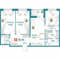 ЖК «Графика», планировка 3-комнатной квартиры, 82.40 м²