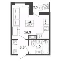 ЖК «Рубеж», планировка студии, 22.10 м²