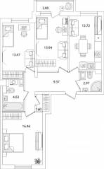 ЖК «Кинопарк», планировка 3-комнатной квартиры, 77.06 м²
