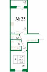 ЖК «Орловский бульвар», планировка 1-комнатной квартиры, 45.80 м²