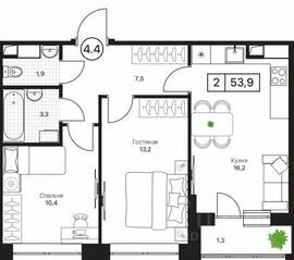 ЖК «Пушкино Град», планировка 2-комнатной квартиры, 53.90 м²
