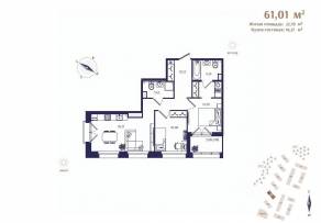 ЖК «Ranta Residence», планировка 2-комнатной квартиры, 61.01 м²