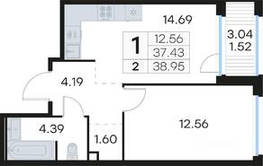 ЖК «GloraX Парголово», планировка 1-комнатной квартиры, 38.95 м²