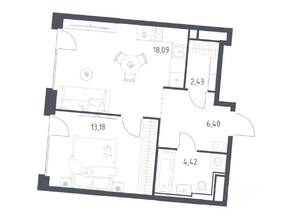 ЖК «Квартал на воде», планировка 1-комнатной квартиры, 44.52 м²