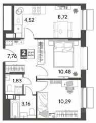 ЖК Арт-квартал «Публицист», планировка 2-комнатной квартиры, 46.76 м²