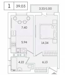 ЖК «Lampo», планировка 1-комнатной квартиры, 38.00 м²