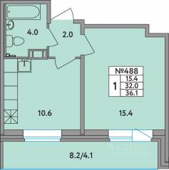ЖК «Удача», планировка 1-комнатной квартиры, 36.10 м²