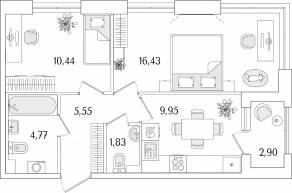 ЖК «Гранат», планировка 2-комнатной квартиры, 50.42 м²