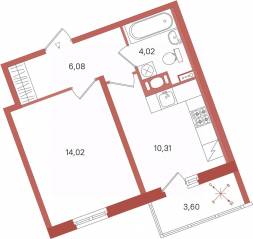ЖК «Патио», планировка 1-комнатной квартиры, 36.23 м²